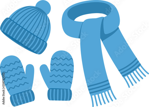 Winter clothing accessories vector illustration, knitted beanie hat scarf and mittens for cold weather