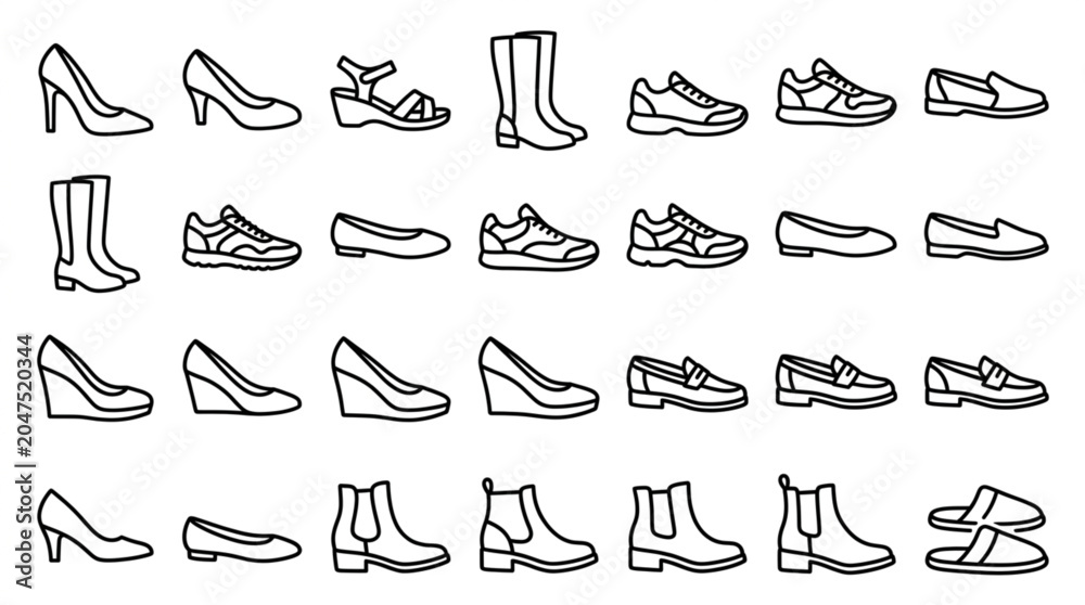 Obraz premium Women's Footwear Icon Collection – High Heels, Sneakers, Boots and Sandals Vector Set