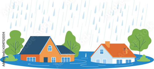 Residential flooding during heavy rainfall vector illustration, submerged homes affected by severe weather