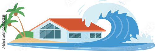 Coastal flooding disaster vector illustration, ocean wave engulfing seaside house during natural catastrophe