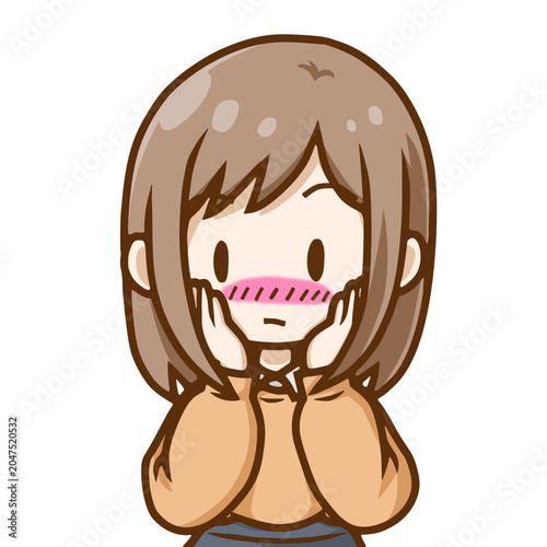 照れる若い女性のイラスト｜はにかみ・恥ずかしい表情のデフォルメ人物素材