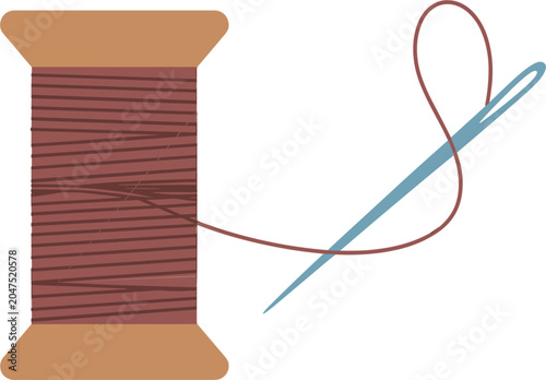Sewing needle and thread spool vector illustration, tailoring craft equipment for stitching and embroidery