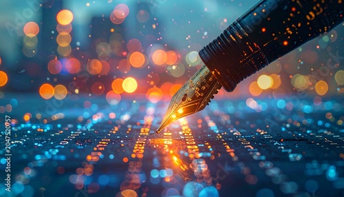 Fountain Pen Nib Writing Digital Binary Code on Glowing Surface