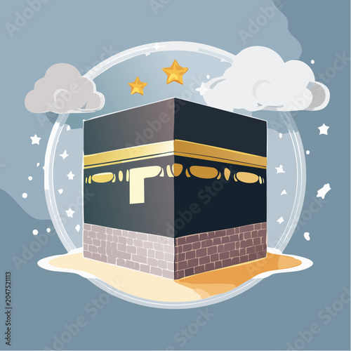 Illustration of the Kaaba in Mecca with stars and clouds