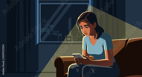 Schilderij op canvas Woman sitting alone in dimly lit room, looking stressed and worried while using
