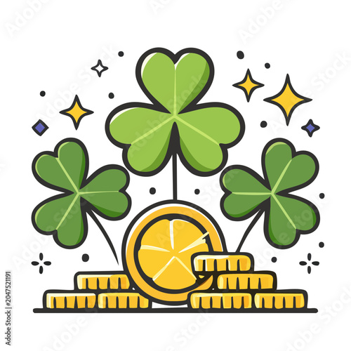 Shamrock and gold coins icon with sparkles