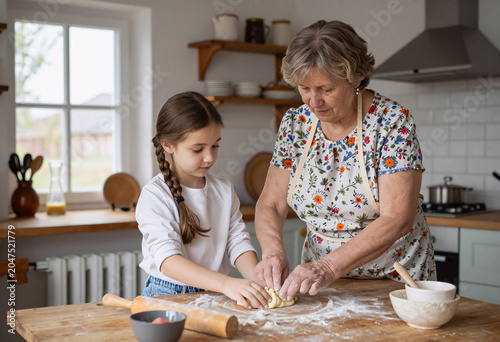 Russian Grandmother Teaching Girl Traditional Bread Making