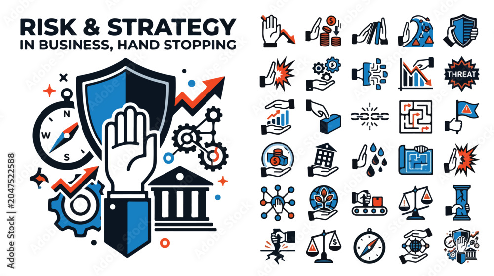Fototapeta premium Risk and strategy in business hand stopping icons, 25 flat line vector elements for crisis management and financial protection
