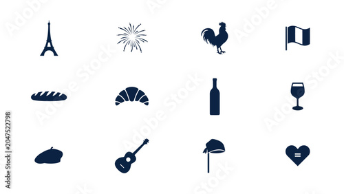 Simple dark blue icon set containing various national symbols and cultural landmarks.
