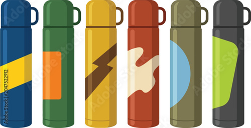 Foto Set of colorful insulated thermoses and vacuum flasks designed in a modern flat