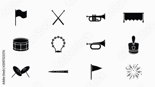 Obraz na plátně Set of black and white icons for marching band musical instruments and symbols