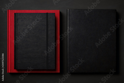 Sophisticated Contrast: Textured Red and Black Notebooks in a Moody, Minimalist Flat Lay