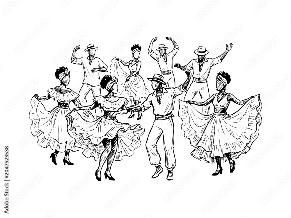 Obraz premium Hand-drawn black and white illustration of dancers in traditional Brazilian costumes performing a lively samba dance during a cultural carnival.