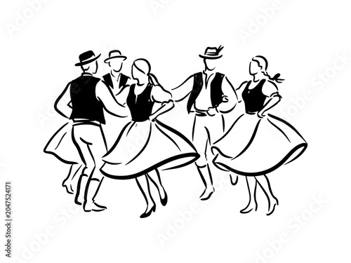 Black and white line art depicting men and women in ethnic costumes performing a traditional Central European folk dance.