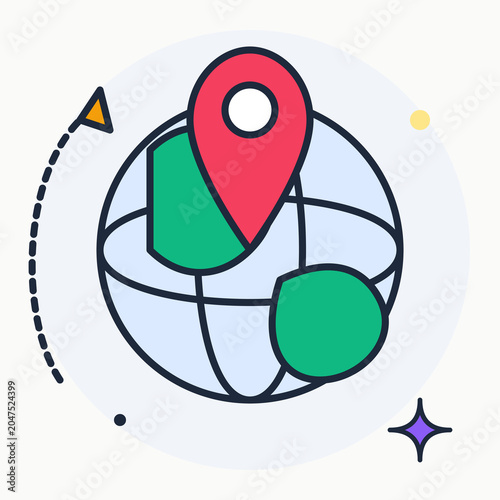 Foto Global travel icon representing location independent digital nomad lifestyle with red map pin world globe