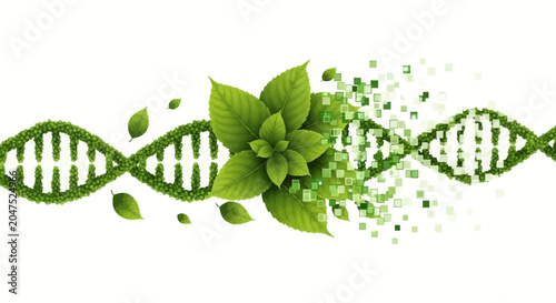 Genetic engineering concept with DNA double helix made of green leaves and pixels on white background vector
