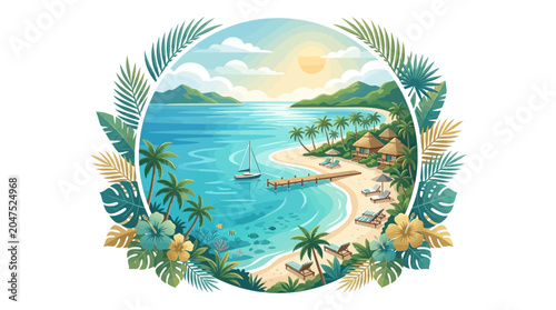Tropical island beach scene with palm trees and ocean view in circle frame