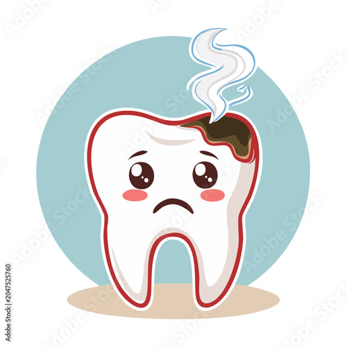 Sad Kawaii Tooth with Cavity and Smoke