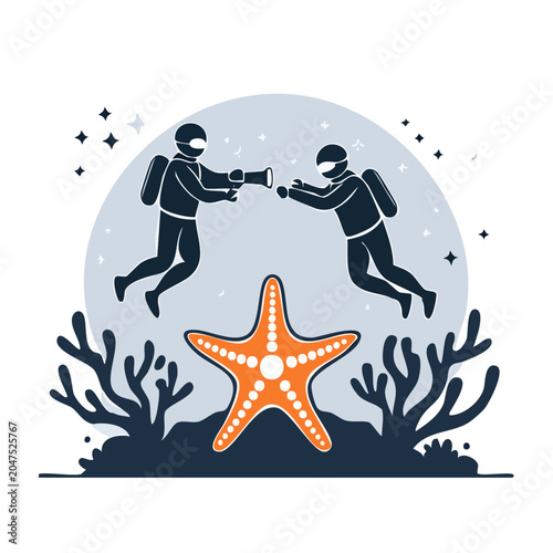 Two divers explore underwater with starfish and coral