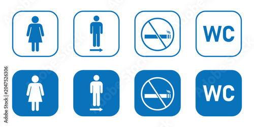 Different types of WC icon isolated on white background. Graphic WC icon with male, female, no smoking and toilet template for the guide people in public spaces.