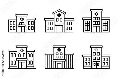 Vector of various hospital buildings in a simple line style for medical concepts.