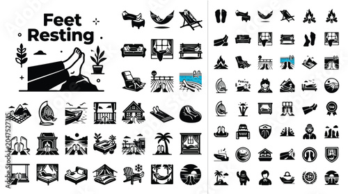 Fotografie Feet resting icons set, relaxation and comfort vector symbols, black solid glyph