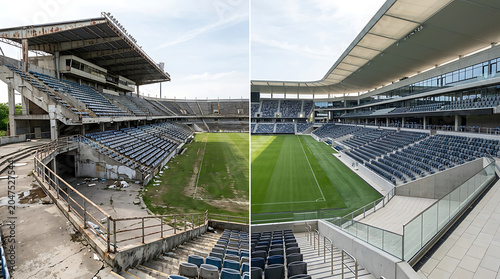 Stadium transformation from abandoned and dilapidated state to modern and sleek sports venue with updated seating and facilities