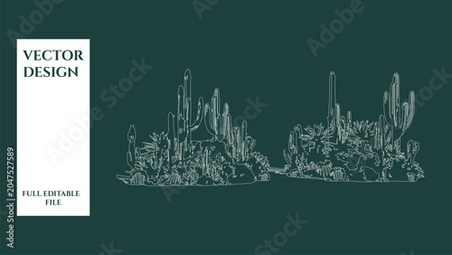 Foto Cactus landscape outline drawing on dark green background for architectural project design