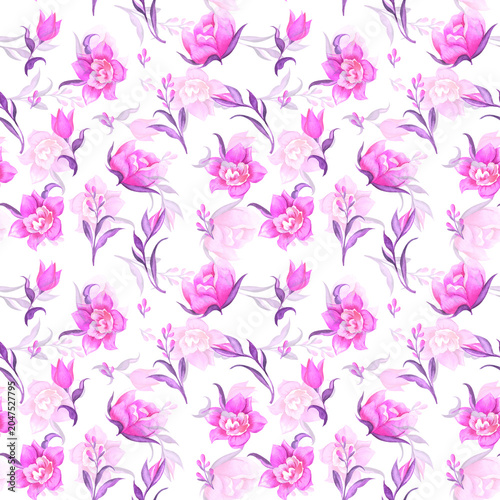 Watercolor pattern featuring pink roses and floral elements on a white background. Hand drawn illustration for textile, wallpaper and wrapping paper