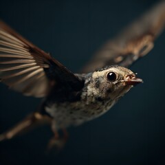 Close-up of a small bird in flight against a dark background