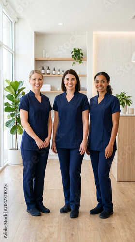 Three smiling female beauty therapists in professional uniforms standing together in a bright modern wellness center, confident team of spa clinicians ready for excellent customer service, minimalist 