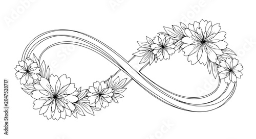 Photography Infinity symbol with delicate flowers and leaves, elegant line art, symbol of eternal love and nature