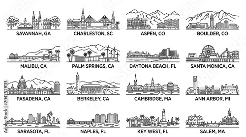 Minimal Black Coastal and Historic American City Skyline Icons Set, 16 USA Line Art Vector Skylines on White Background
