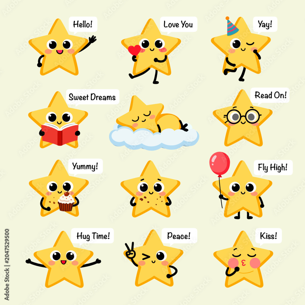 Obraz premium Adorable kawaii star mascot sticker set showing various emotions and activities including reading, sleeping, celebrating, hugging, flying, and expressing love. Perfect for children's products