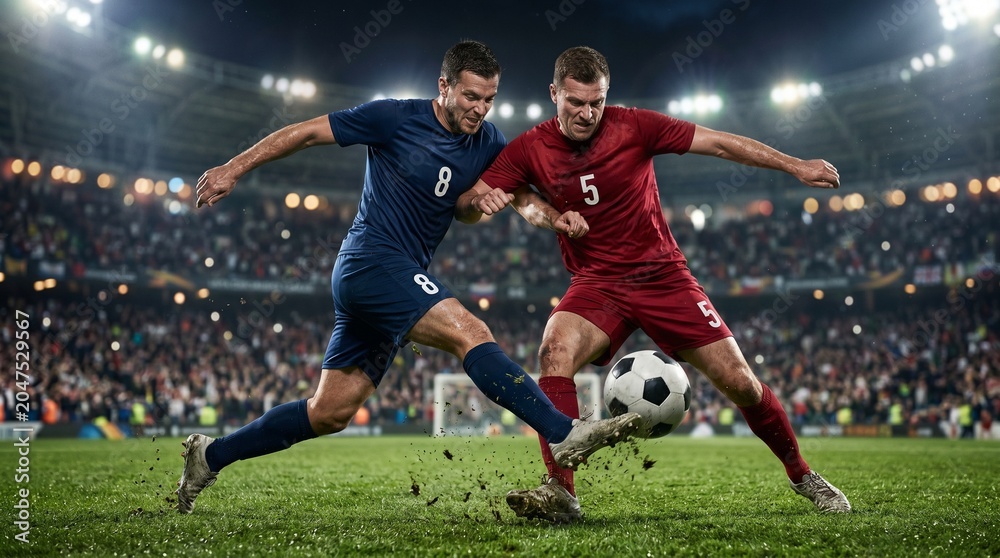 Naklejka premium Two professional football players intensely competing for a soccer ball 