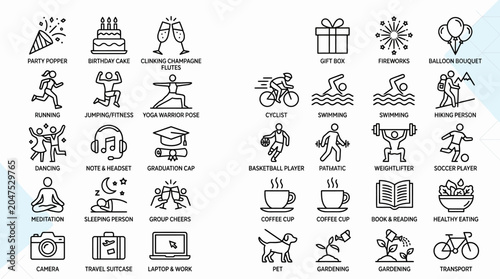 Collection of lifestyle and leisure activity icons in a grid layout.
