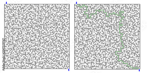 Rectangular maze with solution – black and white shaped maze puzzle vector, clean line art, printable logic game for activity books and worksheets png transparent background