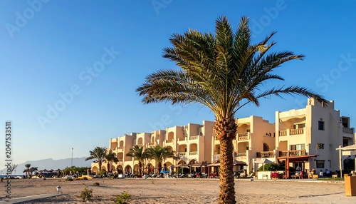 A serene beachfront scene with a palm tree