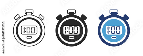 Digital stopwatch icon set with timer displays and editable outline vector collection