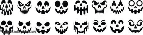 Foto Spooky Halloween Jack-o'-Lantern Face and Skull Silhouette Stencil Set, Modern Gothic Pumpkin Carving Expressions, Whimsical Holiday Icon Matrix, vector, illustration, silhouette