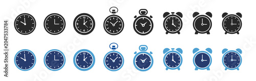 Valokuva Clock and alarm icon set with editable stroke outline and filled timekeeping sym