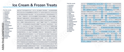 A word search puzzle sheet on the topic of  Ice Cream & Frozen Treats with answers for children and adults