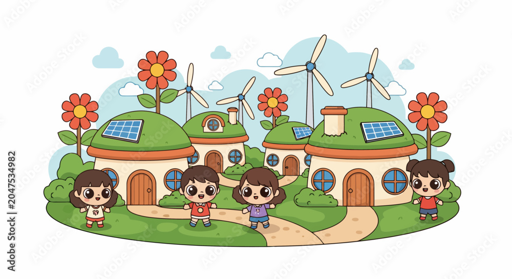 Fototapeta premium Children enjoying a sustainable eco-friendly village with renewable energy.