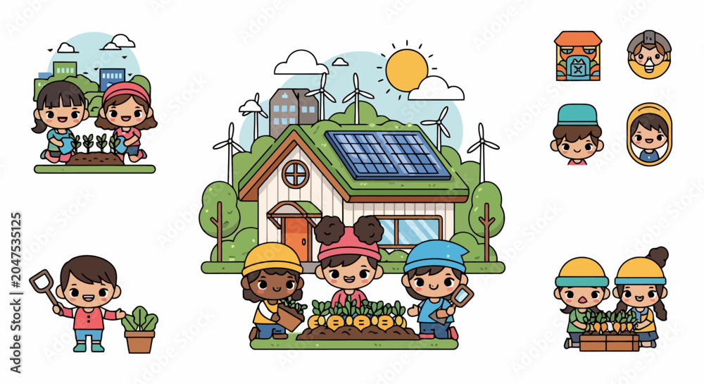 Fototapeta premium Children Planting Seeds in a Sustainable Eco-Friendly Garden.