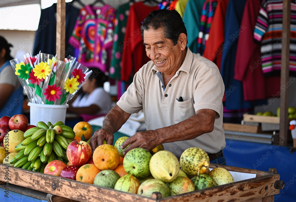 Fototapeta premium Mexican Fruit Vendor Smiling at Traditional Market