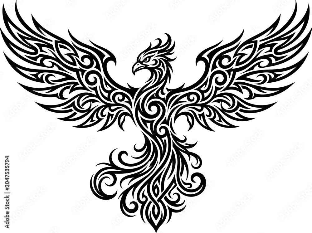 Fototapeta premium A mythical bird spreads its ornate wings in a decorative design.