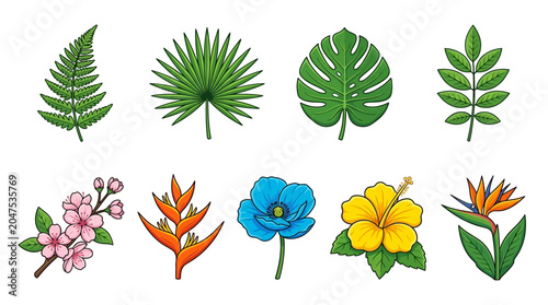 Bild auf Leinwand Tropical leaves, exotic flowers, jungle foliage, botanical icons, 8 elements iso