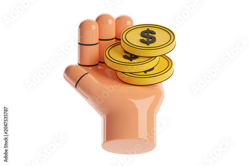 3D cartoon hand holding three gold dollar coins, financial concept, money illustration, fintech icon render