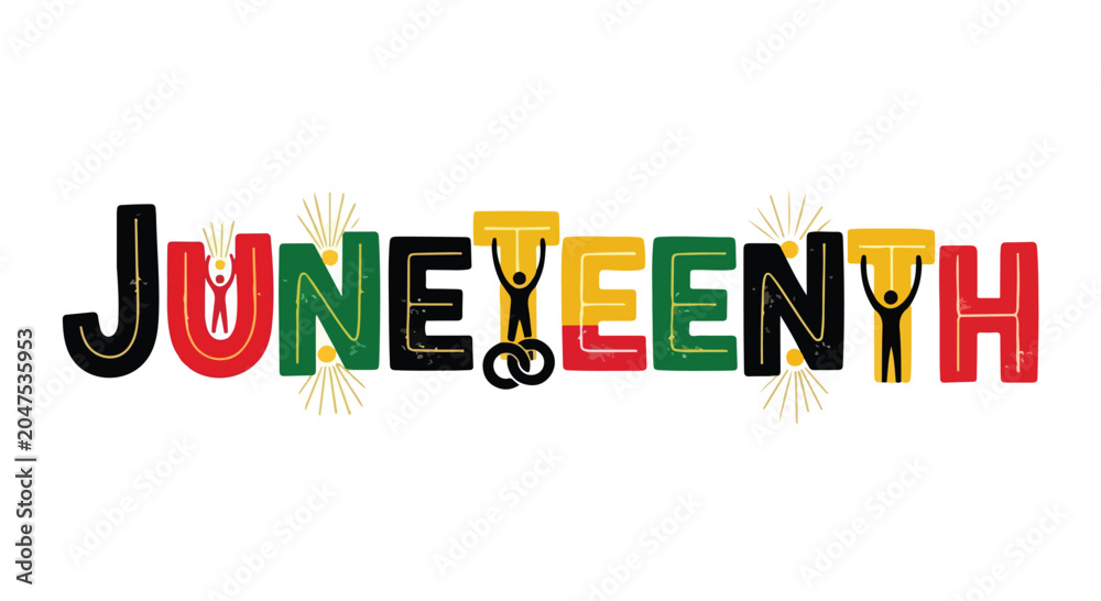 Fototapeta premium Juneteenth celebration text with colorful letters and broken chains