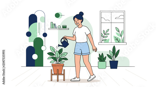 woman watering plant, indoor gardening, home decor, flat illustration, minimalist style isolated on White Background vector eps silhouette